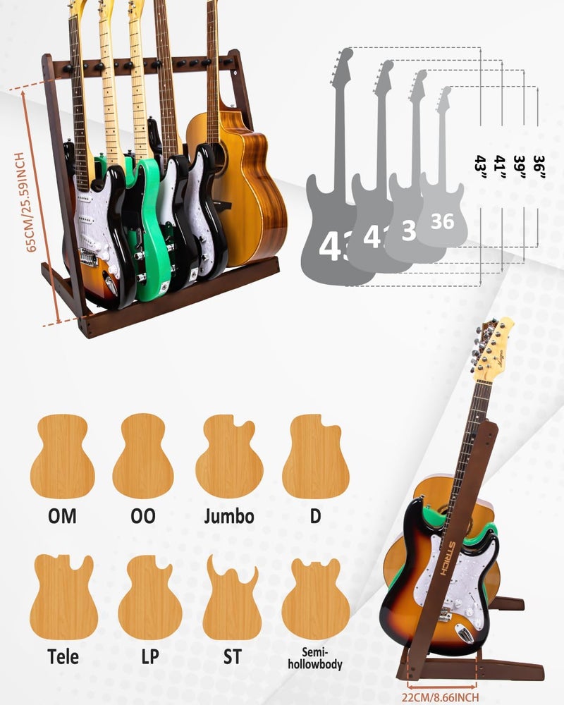 STRICH Multiple Guitar Stand, Hardwood Rack for 6 Electric or 4 Acoustic Guitars, Padded Home & Studio SMT-10 (6-Holder) - Image 3